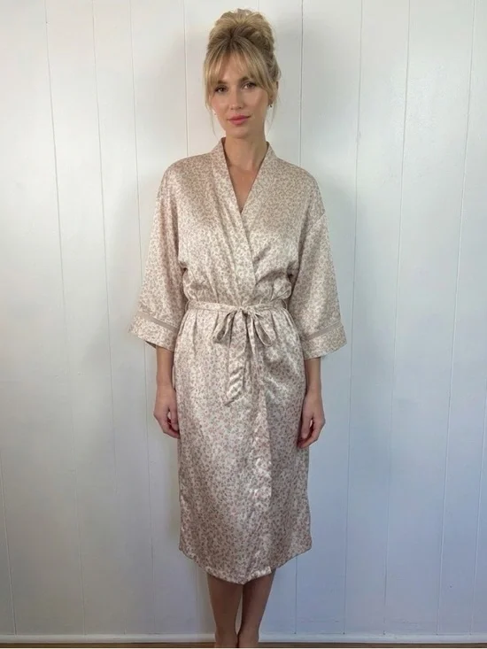 Vintage Cream Pink Rose Satin Kimono Robe Floral Cottagecore Romantic sz medium - Picture 2 of 11